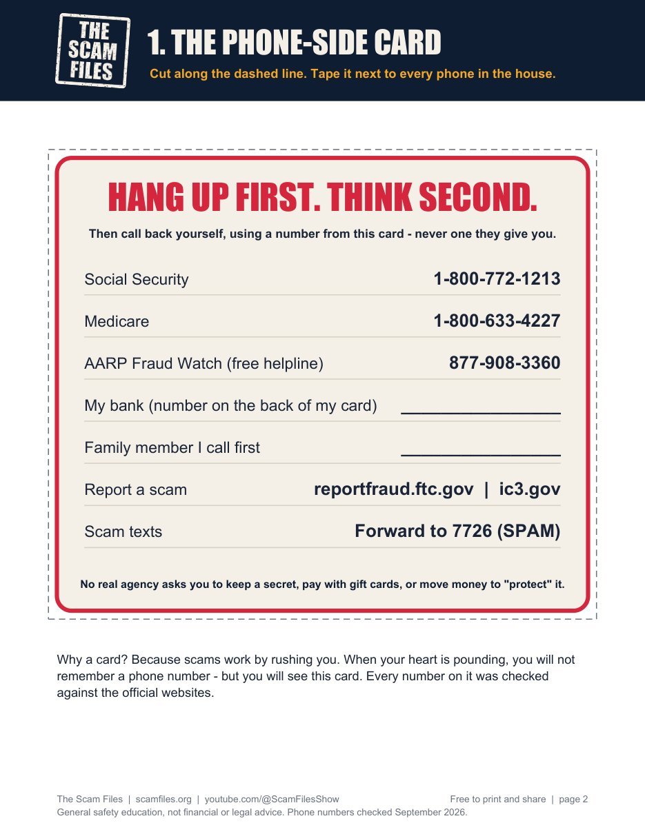 The phone-side card from the Scam-Proof Family Kit